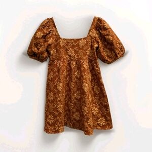 Burnt Orange Floral Square Neck Puff Sleeve Babydoll Mini Dress S‎ Cocktail Fall